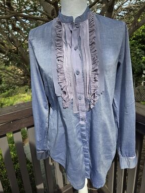 Gap Chambray Ruffled Front Button-Up Blouse in Dusty Blue Medium